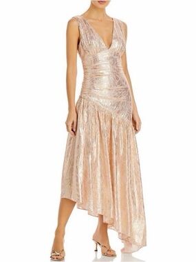 Ramy Brook Gold Metallic V-Neck asymmetrical Dress